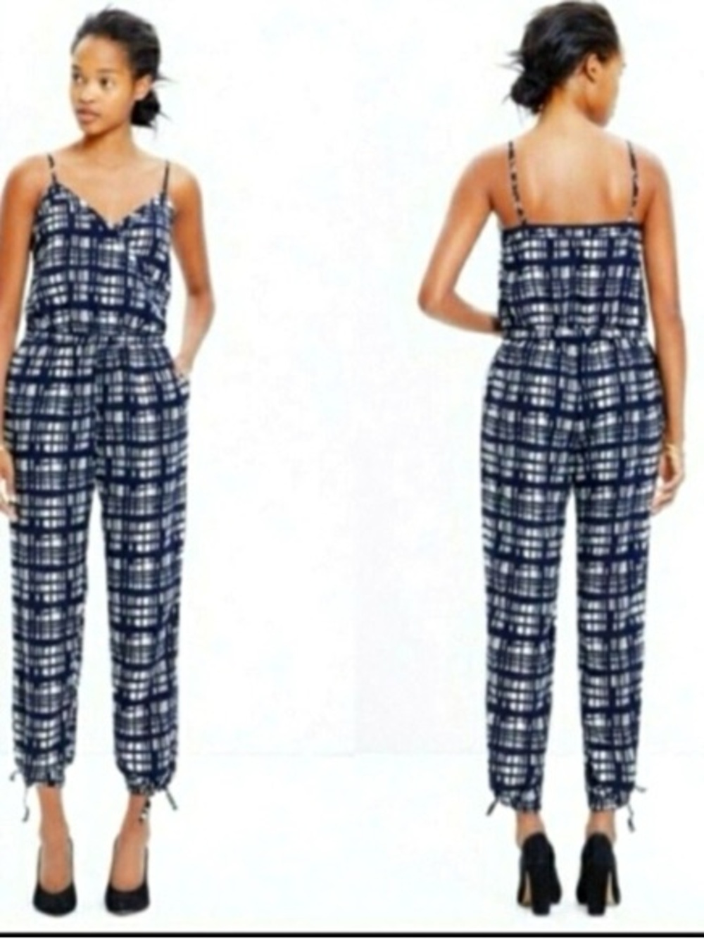 Madewell Faux Wrap Cami Jumpsuit Brushstroke Plaid Navy White Pockets S Spring